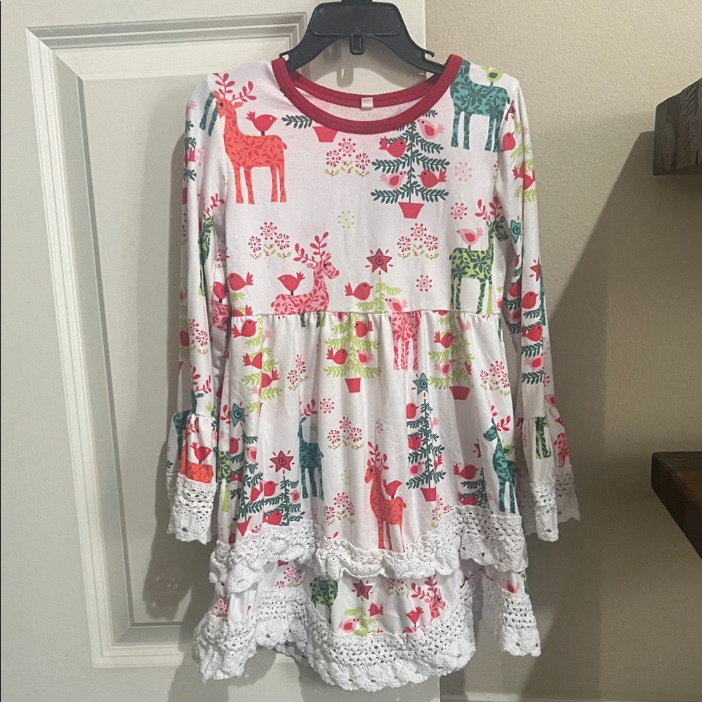 Festive Kids Dress with Reindeer and Trees
